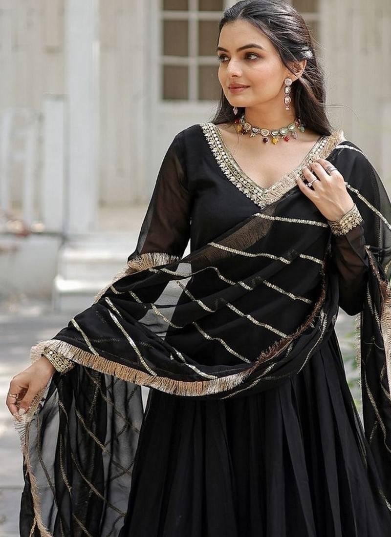 Black zari & sequins embroidered work georgette stitched kurta & dupatta set