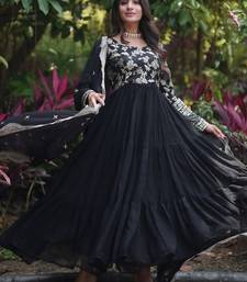 Black zari & sequins embroidered work georgette stitched kurta & dupatta set