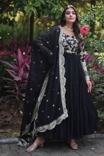 Black zari & sequins embroidered work georgette stitched kurta & dupatta set