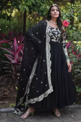 Black zari & sequins embroidered work georgette stitched kurta & dupatta set