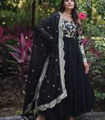 Black zari & sequins embroidered work georgette stitched kurta & dupatta set