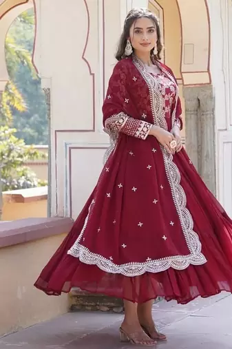 Maroon zari & sequins embroidered work georgette stitched kurta & dupatta set