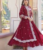 Maroon zari & sequins embroidered work georgette stitched kurta & dupatta set