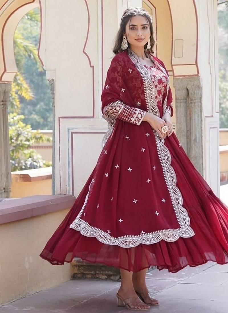 Maroon zari & sequins embroidered work georgette stitched kurta & dupatta set