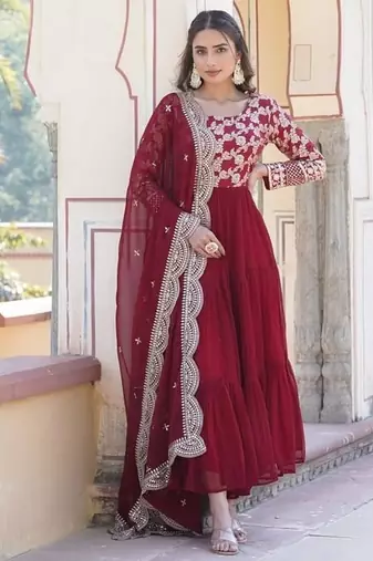 Maroon zari & sequins embroidered georgette kurta & dupatta set