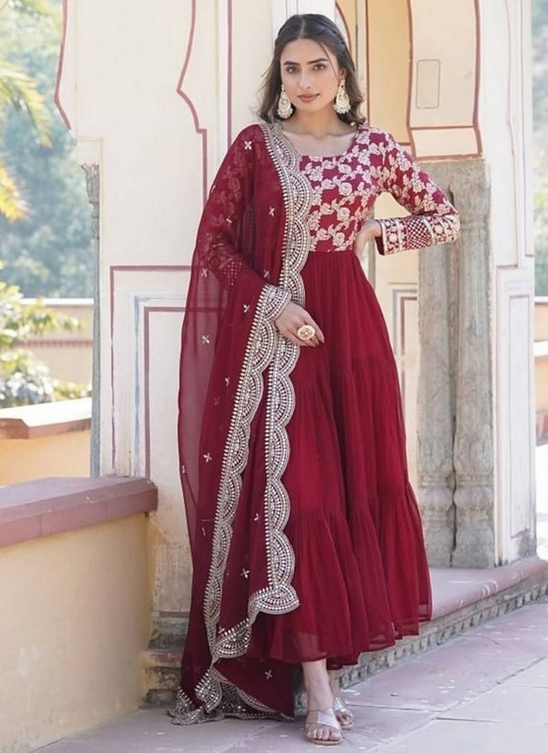 Maroon zari & sequins embroidered work georgette stitched kurta & dupatta set