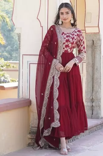 Maroon zari & sequins embroidered georgette kurta & dupatta set