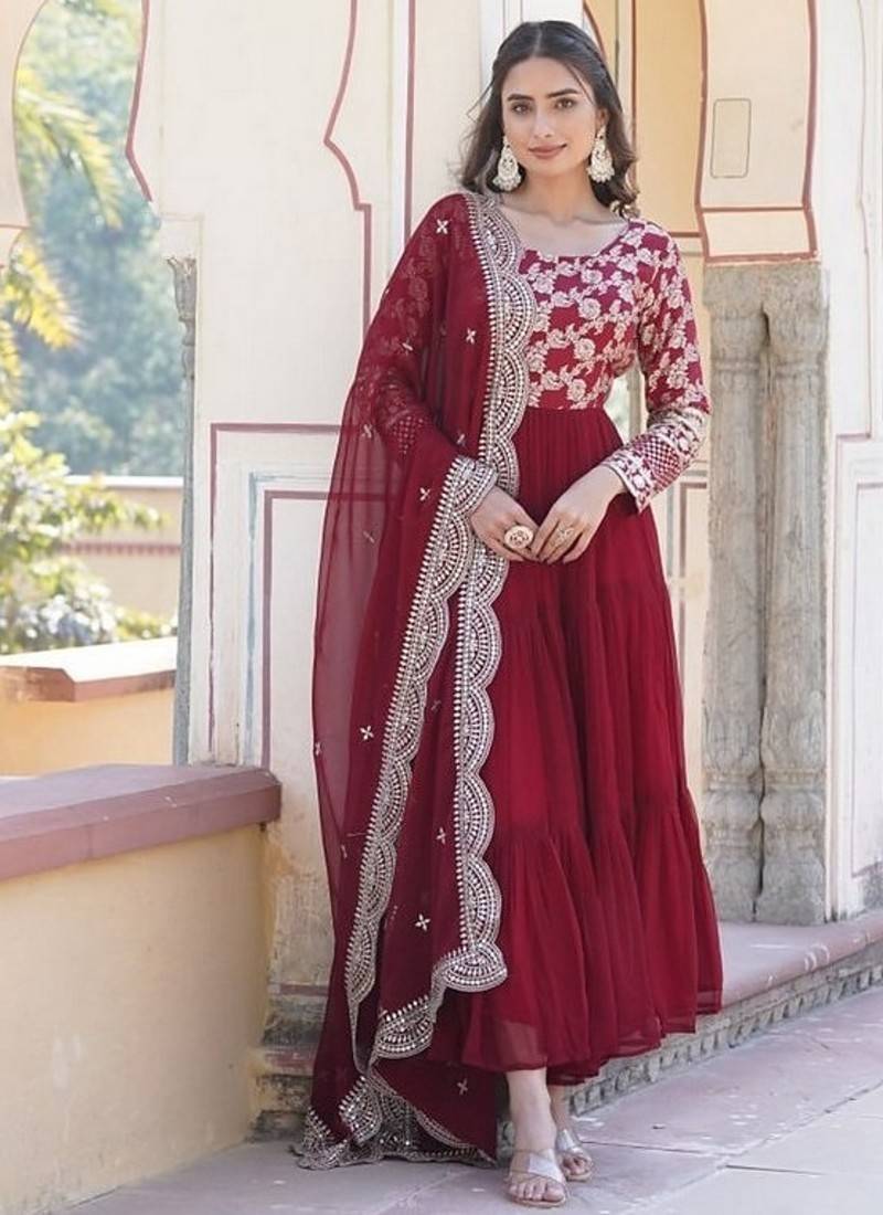 Maroon zari & sequins embroidered work georgette stitched kurta & dupatta set
