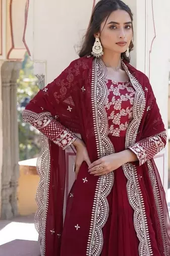 Maroon zari & sequins embroidered georgette kurta & dupatta set