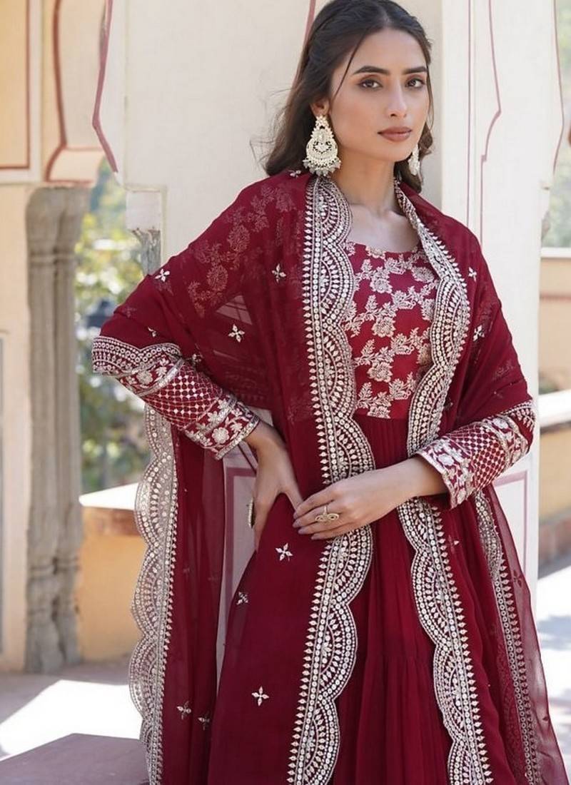 Maroon zari & sequins embroidered work georgette stitched kurta & dupatta set