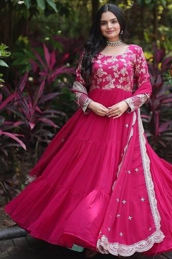 Pink zari & sequins embroidered work georgette stitched kurta & dupatta set