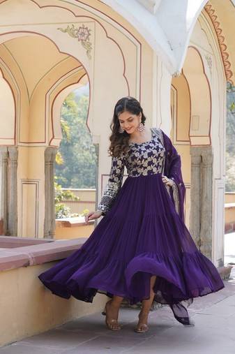 Purple zari & sequins embroidered work georgette stitched kurta & dupatta set