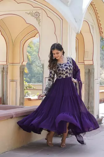 Purple zari & sequins embroidered work georgette stitched kurta & dupatta set
