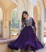 Purple zari & sequins embroidered work georgette stitched kurta & dupatta set