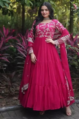 Pink zari & sequins embroidered georgette kurta & dupatta set
