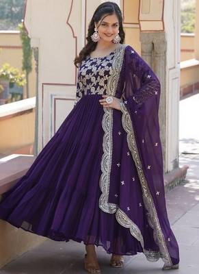Purple zari & sequins embroidered georgette kurta & dupatta set 2