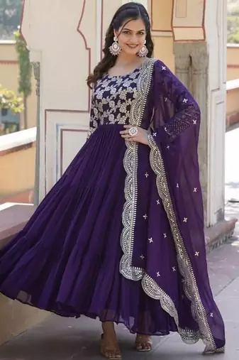 Purple zari & sequins embroidered georgette kurta & dupatta set