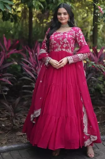Pink zari & sequins embroidered georgette kurta & dupatta set