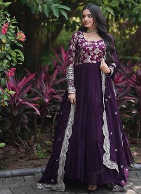 Wine zari & sequins embroidered georgette kurta & dupatta set 1
