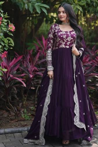 Wine zari & sequins embroidered work georgette stitched kurta & dupatta set