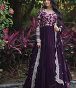 Wine zari & sequins embroidered work georgette stitched kurta & dupatta set