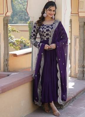 Purple zari & sequins embroidered georgette kurta & dupatta set 3