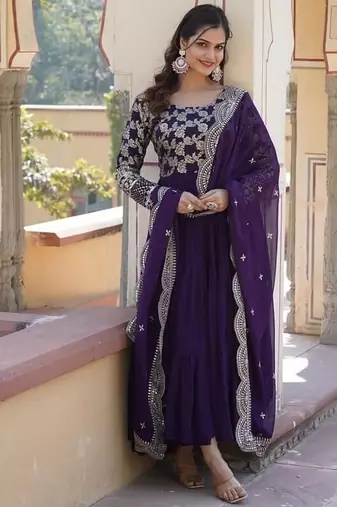Purple zari & sequins embroidered georgette kurta & dupatta set