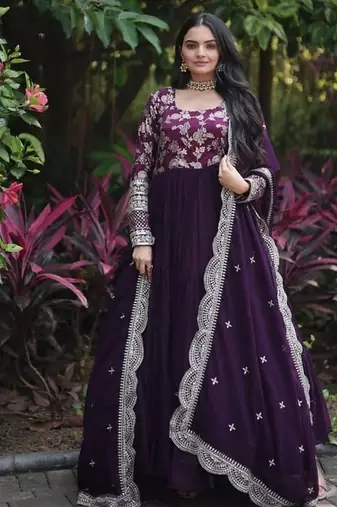 Wine zari & sequins embroidered georgette kurta & dupatta set