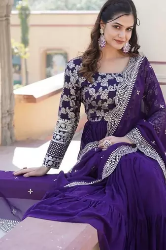 Purple zari & sequins embroidered georgette kurta & dupatta set