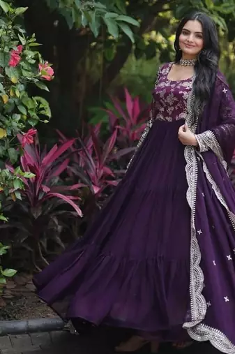 Wine zari & sequins embroidered georgette kurta & dupatta set