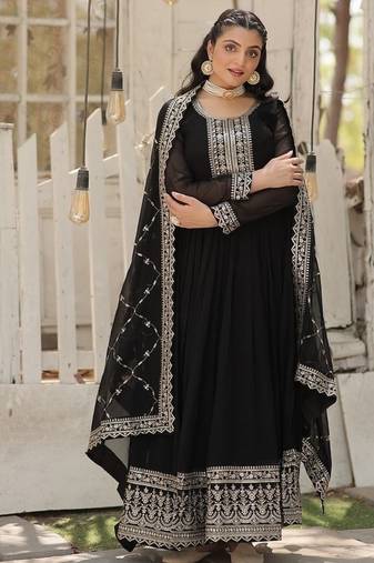 Black zari & sequins embroidered work georgette stitched kurta & dupatta set