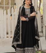 Black zari & sequins embroidered work georgette stitched kurta & dupatta set