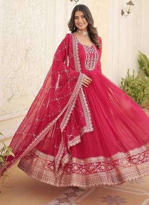 Pink zari & sequins embroidered georgette kurta & dupatta set 1