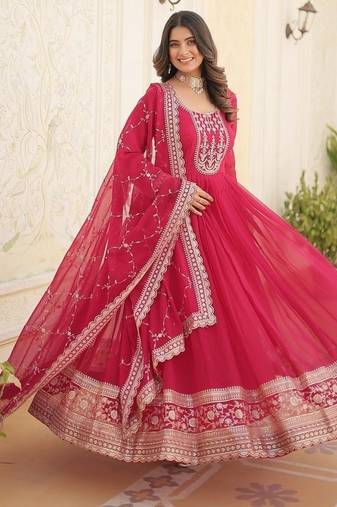 Pink zari & sequins embroidered work georgette stitched kurta & dupatta set