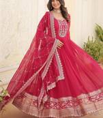 Pink zari & sequins embroidered work georgette stitched kurta & dupatta set