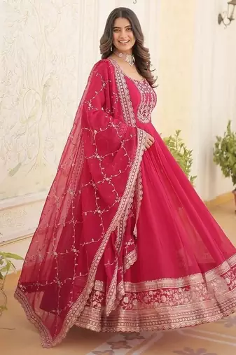 Pink zari & sequins embroidered georgette kurta & dupatta set