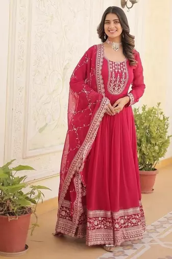 Pink zari & sequins embroidered georgette kurta & dupatta set