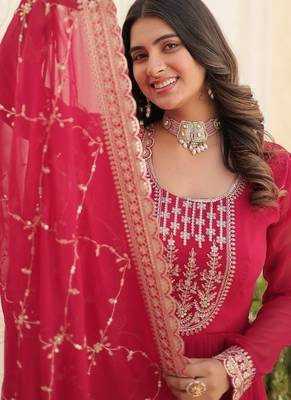 Pink zari & sequins embroidered georgette kurta & dupatta set 4