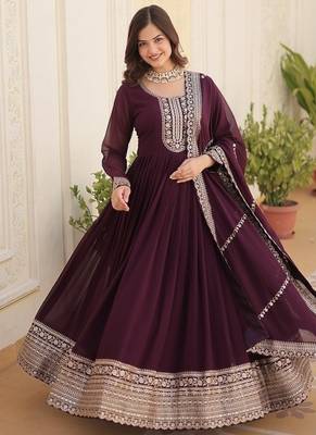 Wine zari & sequins embroidered georgette kurta & dupatta set 1