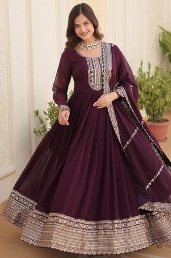 Wine zari & sequins embroidered work georgette stitched kurta & dupatta set
