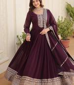 Wine zari & sequins embroidered work georgette stitched kurta & dupatta set