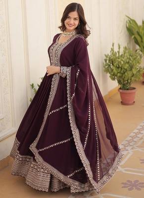 Wine zari & sequins embroidered georgette kurta & dupatta set 2