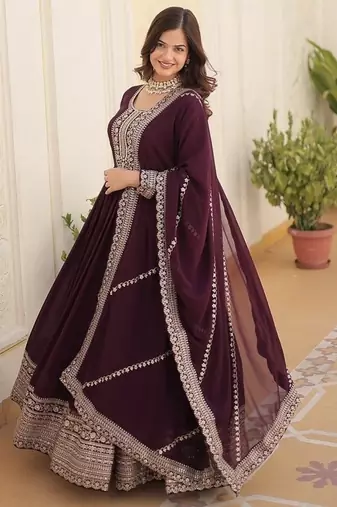 Wine zari & sequins embroidered georgette kurta & dupatta set