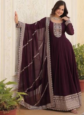 Wine zari & sequins embroidered georgette kurta & dupatta set 3