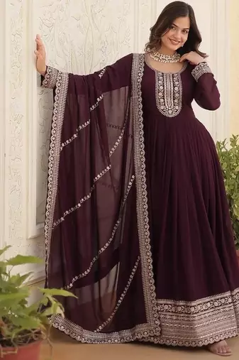 Wine zari & sequins embroidered georgette kurta & dupatta set