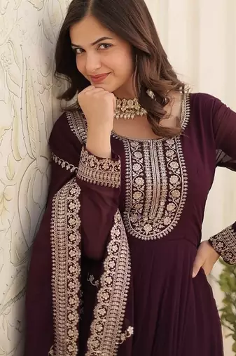Wine zari & sequins embroidered georgette kurta & dupatta set