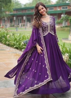 Purple zari & sequins embroidered georgette kurta & dupatta set 1