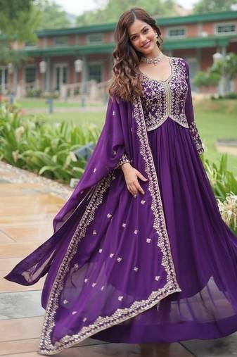 Purple zari & sequins embroidered work georgette stitched kurta & dupatta set