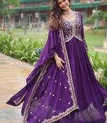 Purple zari & sequins embroidered work georgette stitched kurta & dupatta set
