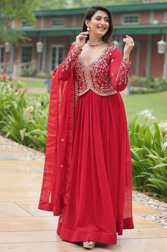 Red zari & sequins embroidered work georgette stitched kurta & dupatta set